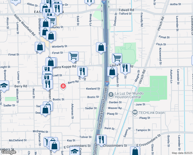 map of restaurants, bars, coffee shops, grocery stores, and more near 3405 Berry Road in Houston