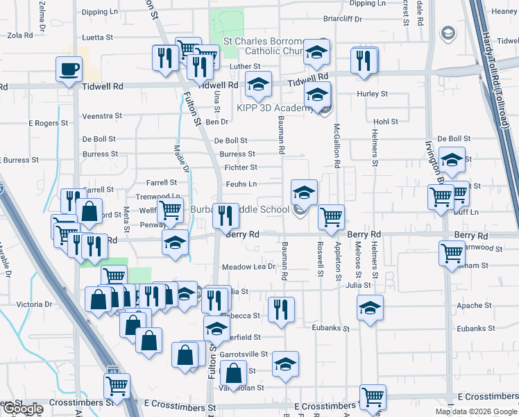 map of restaurants, bars, coffee shops, grocery stores, and more near 206 North Native Lane in Houston