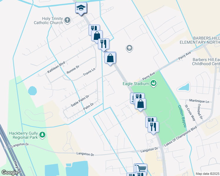 map of restaurants, bars, coffee shops, grocery stores, and more near 3419 Date Palm Court in Mont Belvieu