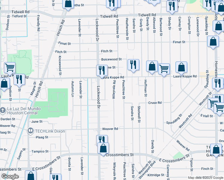 map of restaurants, bars, coffee shops, grocery stores, and more near 8710 Clarington Street in Houston