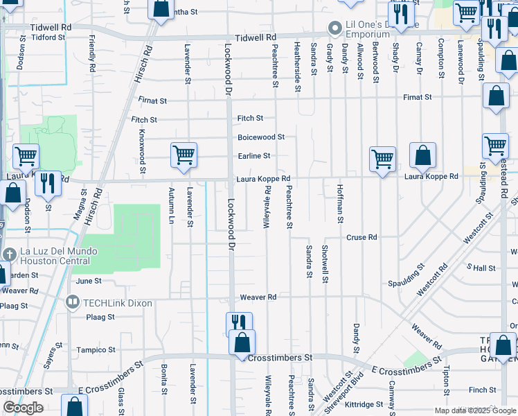 map of restaurants, bars, coffee shops, grocery stores, and more near 8710 Clarington Street in Houston