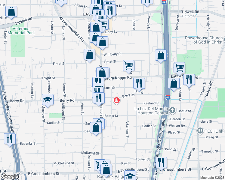 map of restaurants, bars, coffee shops, grocery stores, and more near 2911 Luell Street in Houston