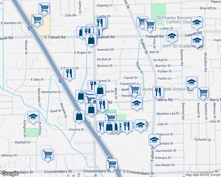 map of restaurants, bars, coffee shops, grocery stores, and more near 26 Farrell Street in Houston