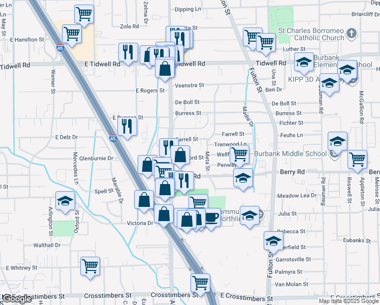 map of restaurants, bars, coffee shops, grocery stores, and more near 8 Farrell Street in Houston