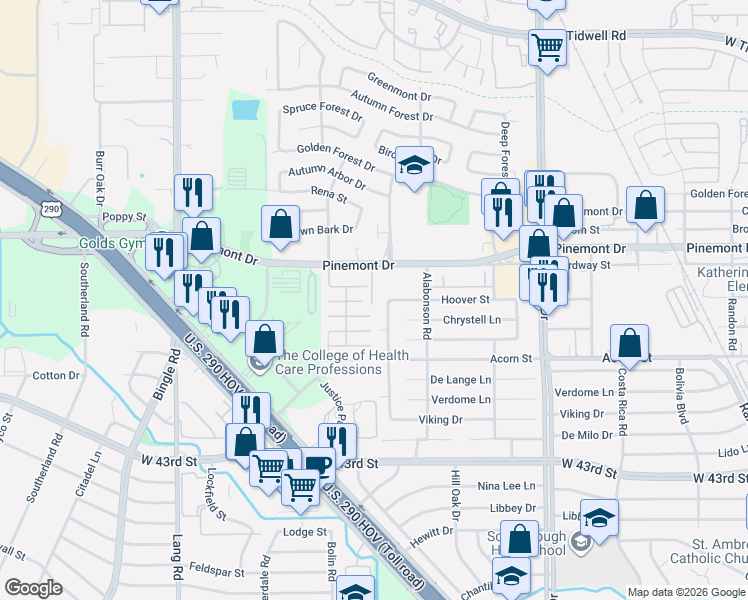 map of restaurants, bars, coffee shops, grocery stores, and more near 6011 Gilman Trace Lane in Houston
