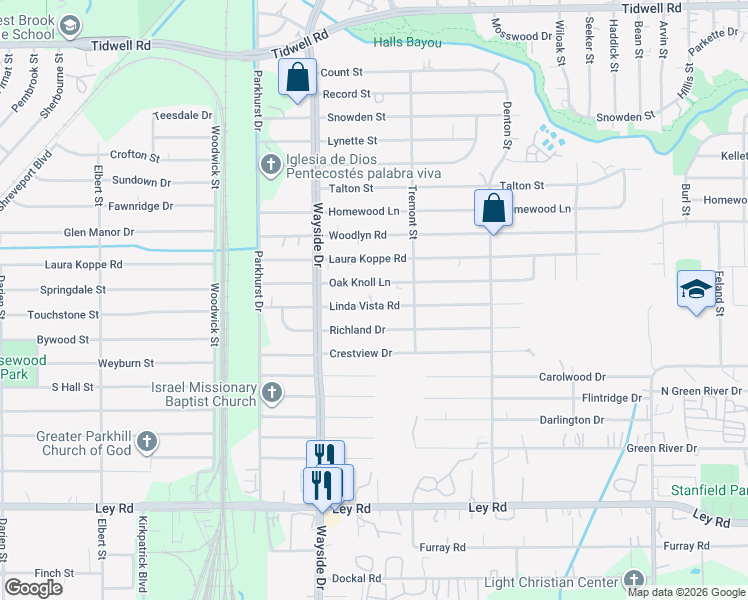 map of restaurants, bars, coffee shops, grocery stores, and more near 8018 Oak Knoll Lane in Houston