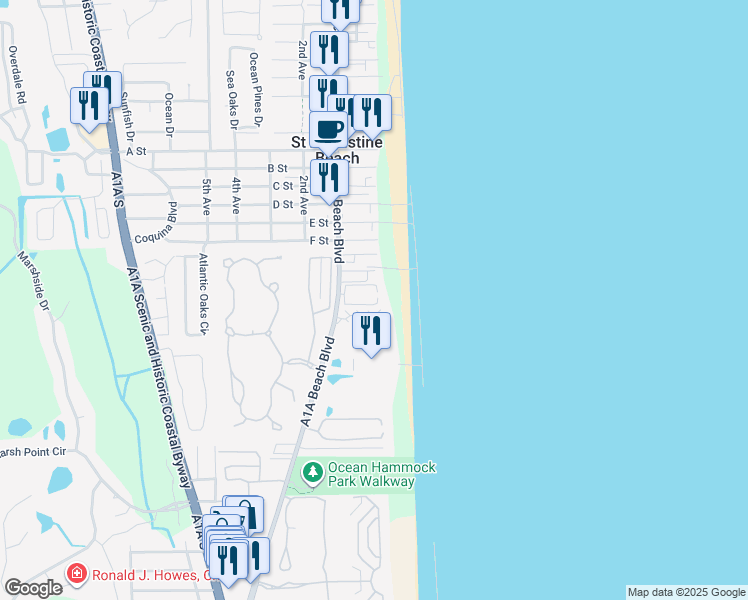 map of restaurants, bars, coffee shops, grocery stores, and more near 826 A1A Beach Boulevard in St. Augustine