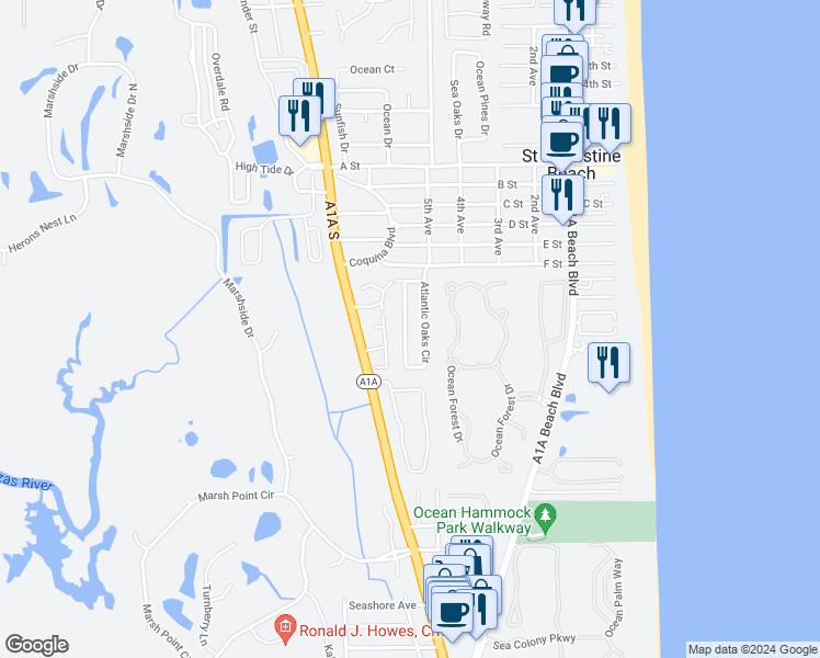 map of restaurants, bars, coffee shops, grocery stores, and more near 54 Atlantic Oaks Circle in St. Augustine