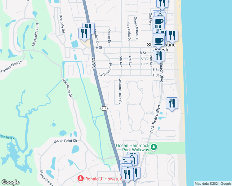 map of restaurants, bars, coffee shops, grocery stores, and more near 13 Atlantic Oaks Circle in St. Augustine
