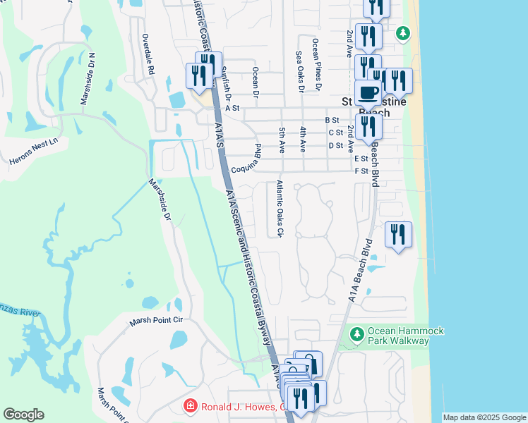 map of restaurants, bars, coffee shops, grocery stores, and more near 160 Bay Bridge Drive in St. Augustine