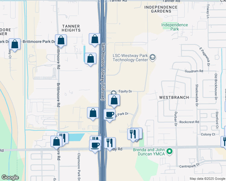 map of restaurants, bars, coffee shops, grocery stores, and more near 11130 Equity Drive in Houston