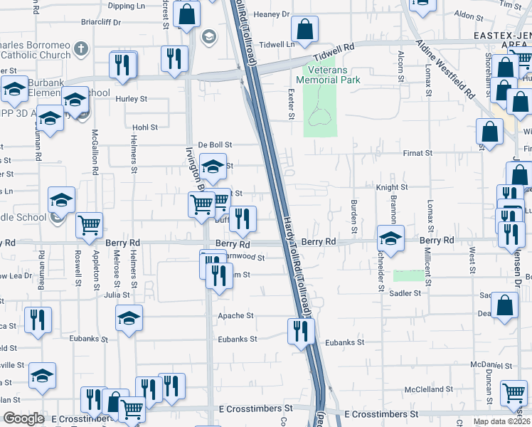 map of restaurants, bars, coffee shops, grocery stores, and more near 8707 West Hardy Road in Houston