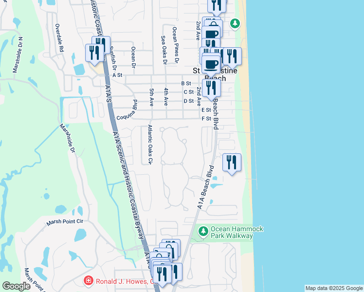 map of restaurants, bars, coffee shops, grocery stores, and more near 604 Seagrape Circle in St. Augustine
