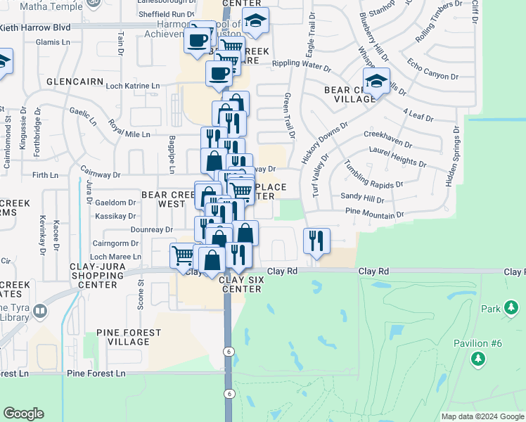map of restaurants, bars, coffee shops, grocery stores, and more near 16111 Aspenglenn Drive in Houston