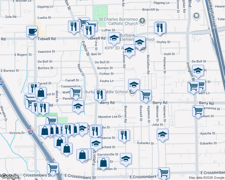 map of restaurants, bars, coffee shops, grocery stores, and more near 8810 North Native Lane in Houston