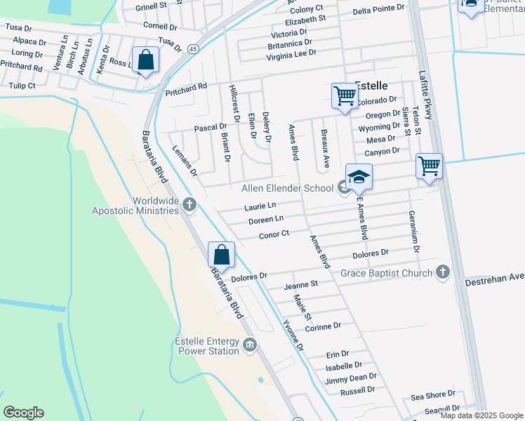 map of restaurants, bars, coffee shops, grocery stores, and more near 2838 Laurie Lane in Marrero