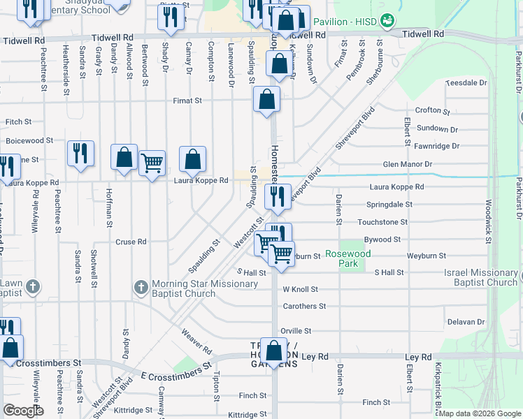 map of restaurants, bars, coffee shops, grocery stores, and more near 8710 Spaulding Street in Houston