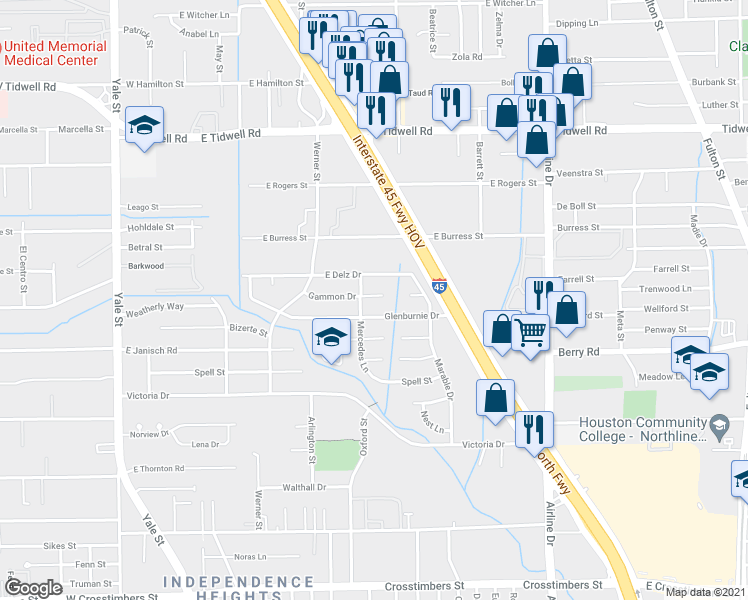 map of restaurants, bars, coffee shops, grocery stores, and more near 510 Gammon Drive in Houston