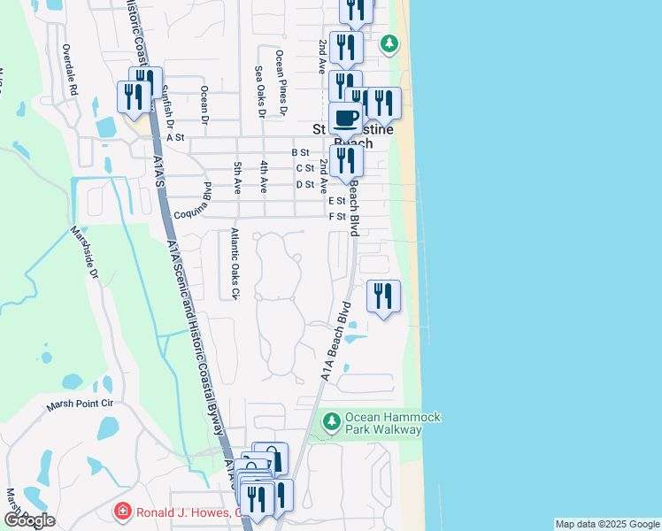 map of restaurants, bars, coffee shops, grocery stores, and more near 1653 Makarios Drive in St. Augustine Beach