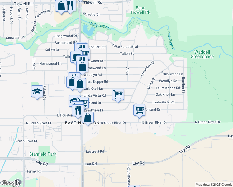map of restaurants, bars, coffee shops, grocery stores, and more near 9022 Oak Knoll Lane in Houston