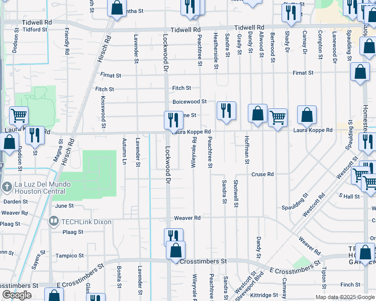 map of restaurants, bars, coffee shops, grocery stores, and more near 8710 Clarington Street in Houston