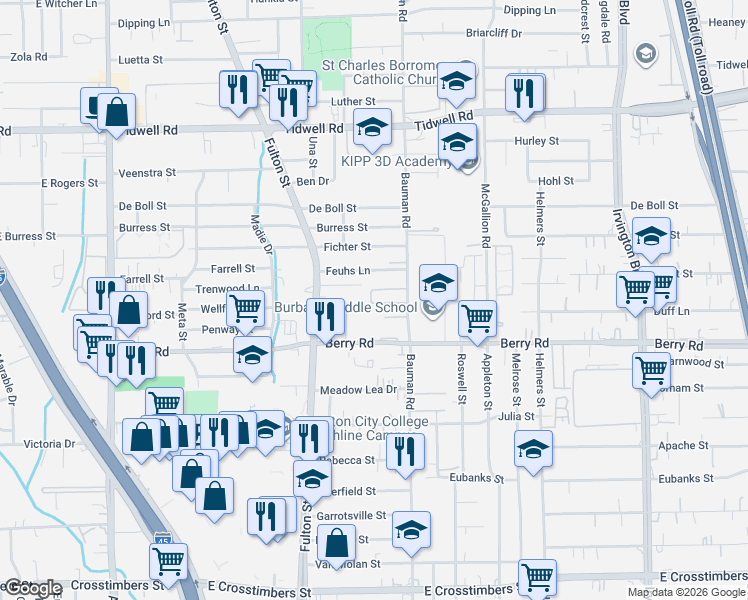 map of restaurants, bars, coffee shops, grocery stores, and more near 206 North Native Lane in Houston