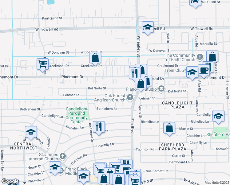 map of restaurants, bars, coffee shops, grocery stores, and more near 1231 Del Norte Street in Houston
