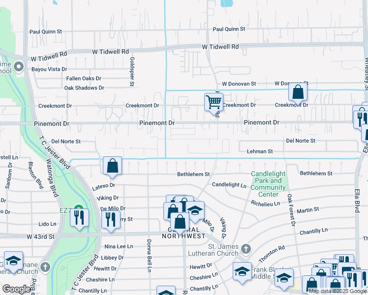 map of restaurants, bars, coffee shops, grocery stores, and more near 1863 Candlelight Place Drive in Houston