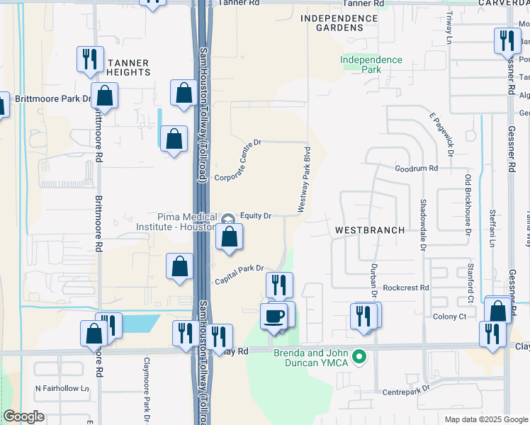 map of restaurants, bars, coffee shops, grocery stores, and more near 11000 Equity Drive in Houston