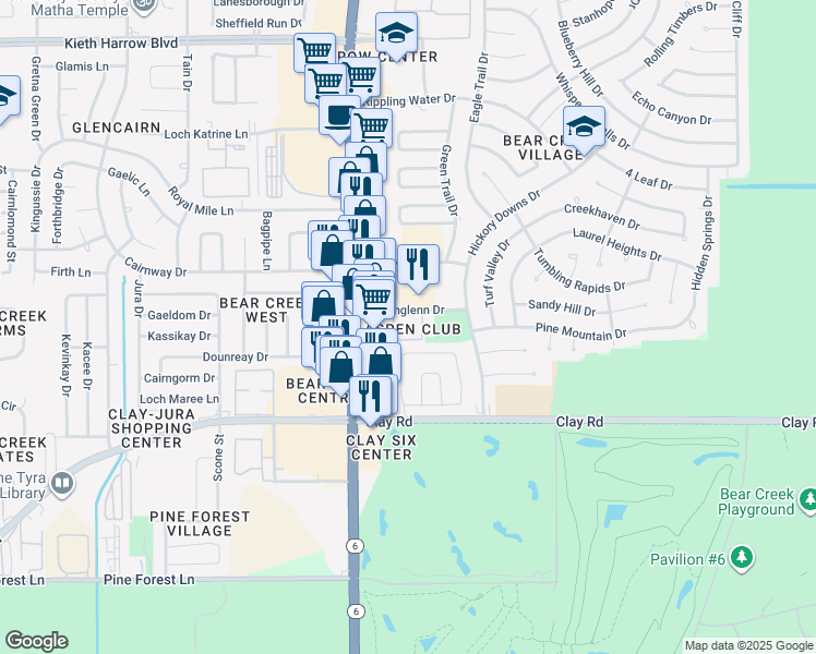 map of restaurants, bars, coffee shops, grocery stores, and more near 16035 Aspenglenn Drive in Houston