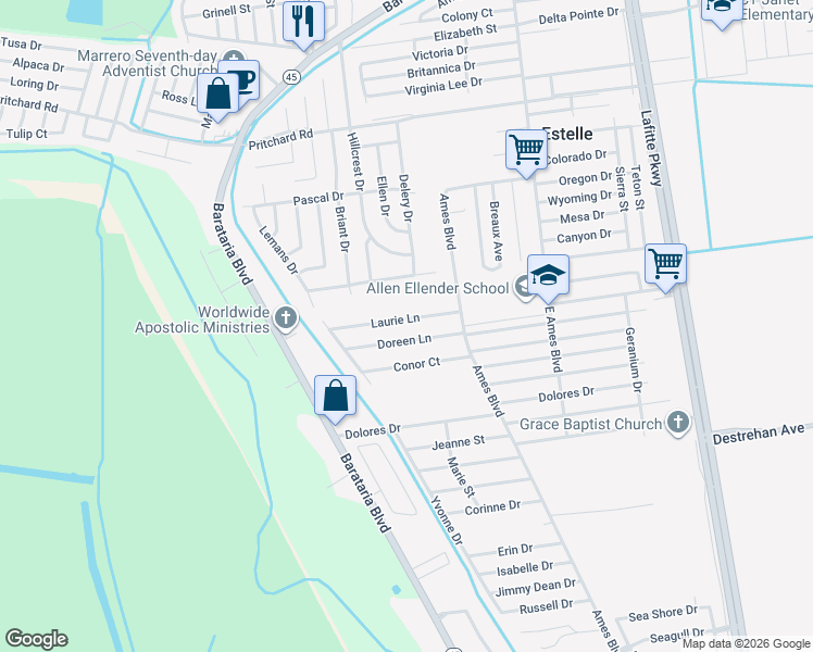 map of restaurants, bars, coffee shops, grocery stores, and more near 2809 Laurie Lane in Marrero