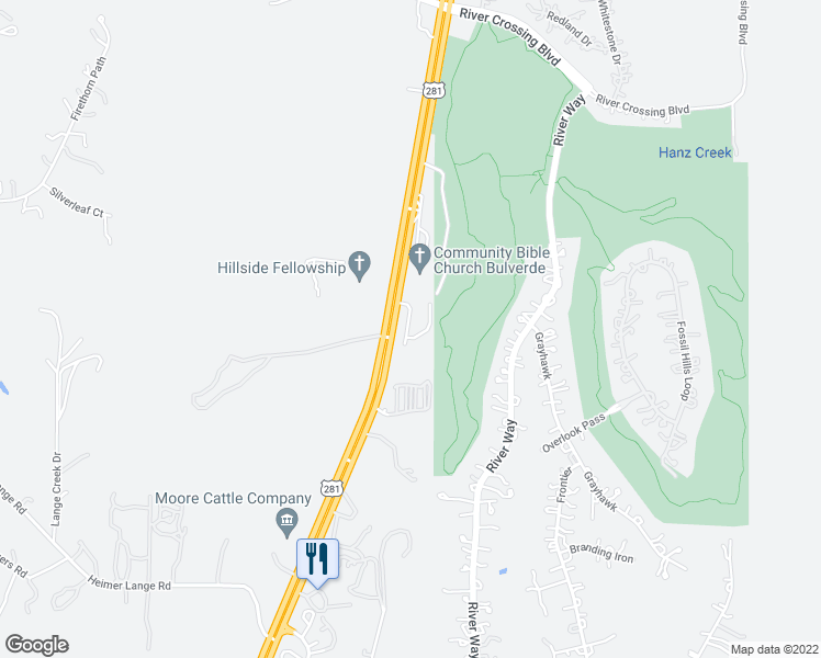 map of restaurants, bars, coffee shops, grocery stores, and more near 7020 U.S. 281 in Spring Branch
