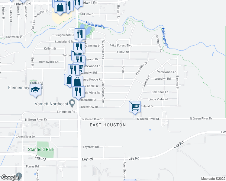 map of restaurants, bars, coffee shops, grocery stores, and more near 9022 Oak Knoll Lane in Houston