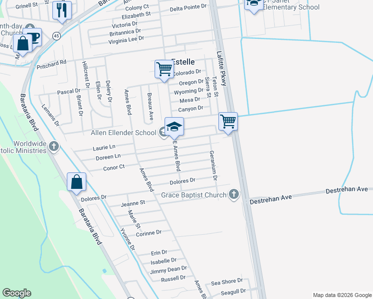 map of restaurants, bars, coffee shops, grocery stores, and more near 2540 Rue Jesann in Marrero