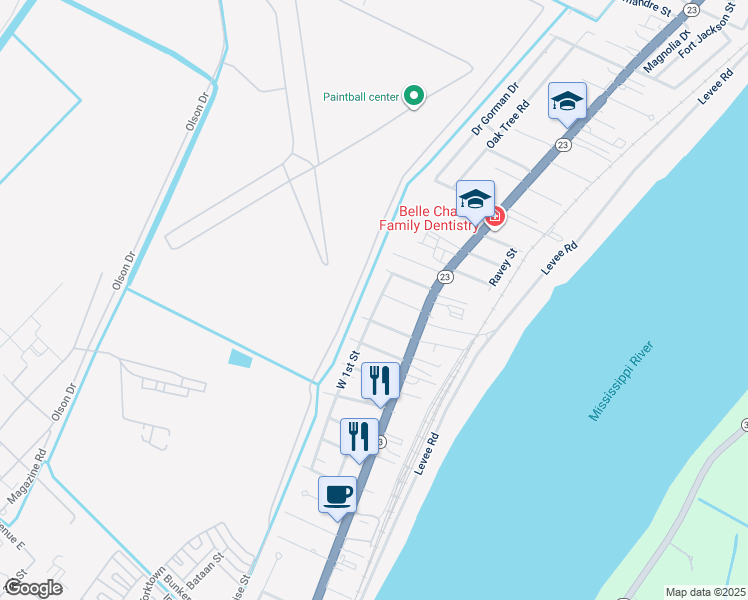 map of restaurants, bars, coffee shops, grocery stores, and more near 206 Concord Street in Belle Chasse