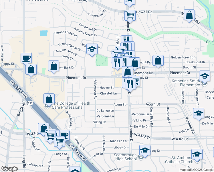 map of restaurants, bars, coffee shops, grocery stores, and more near 5802 Hoover Street in Houston