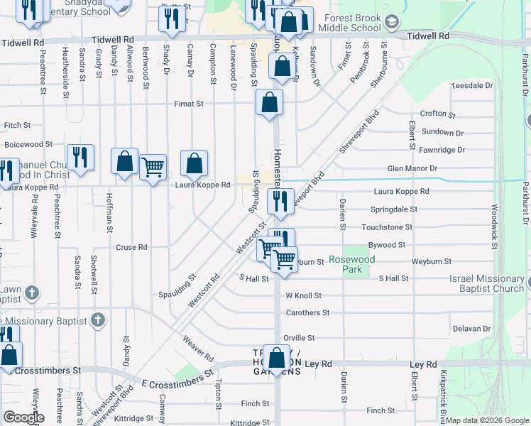 map of restaurants, bars, coffee shops, grocery stores, and more near 8710 Spaulding Street in Houston