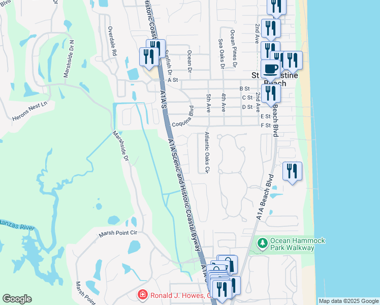 map of restaurants, bars, coffee shops, grocery stores, and more near 160 Bay Bridge Drive in St. Augustine