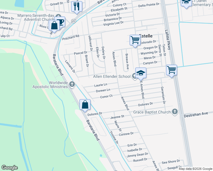 map of restaurants, bars, coffee shops, grocery stores, and more near 2809 Laurie Lane in Marrero