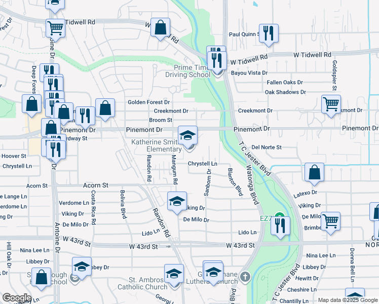 map of restaurants, bars, coffee shops, grocery stores, and more near 4802 Chrystell Lane in Houston