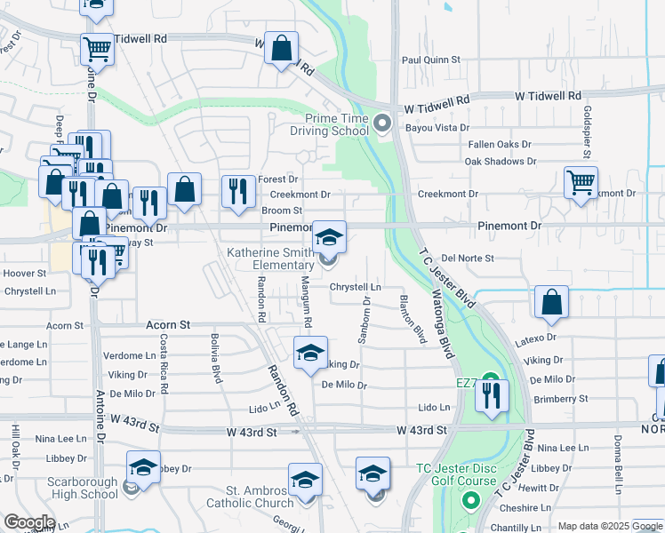 map of restaurants, bars, coffee shops, grocery stores, and more near 4802 Chrystell Lane in Houston