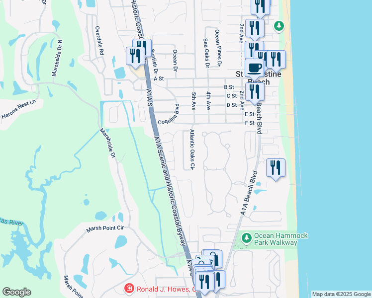 map of restaurants, bars, coffee shops, grocery stores, and more near 13 Atlantic Oaks Circle in St. Augustine