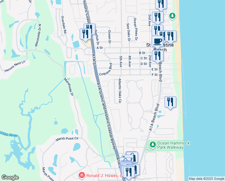 map of restaurants, bars, coffee shops, grocery stores, and more near 160 Bay Bridge Drive in St. Augustine
