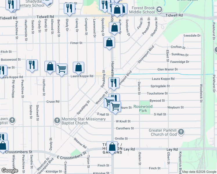 map of restaurants, bars, coffee shops, grocery stores, and more near 8710 Spaulding Street in Houston