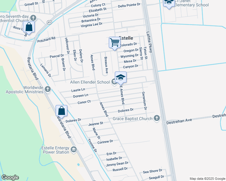 map of restaurants, bars, coffee shops, grocery stores, and more near 2608 Rue Jesann in Marrero