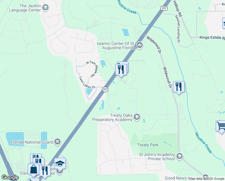 map of restaurants, bars, coffee shops, grocery stores, and more near 2000 State Road 207 in St. Augustine