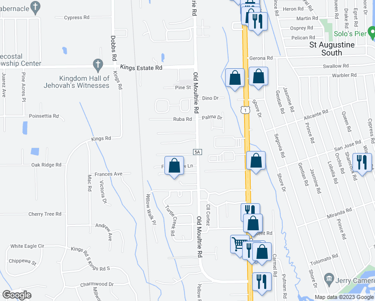 map of restaurants, bars, coffee shops, grocery stores, and more near 508 Moultrie Wells Road in St. Augustine