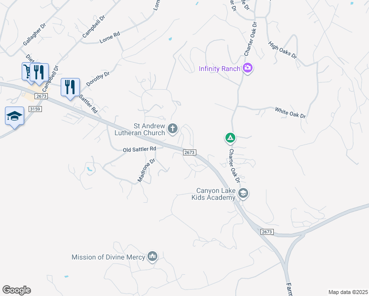 map of restaurants, bars, coffee shops, grocery stores, and more near 7106 FM 2673 in Canyon Lake
