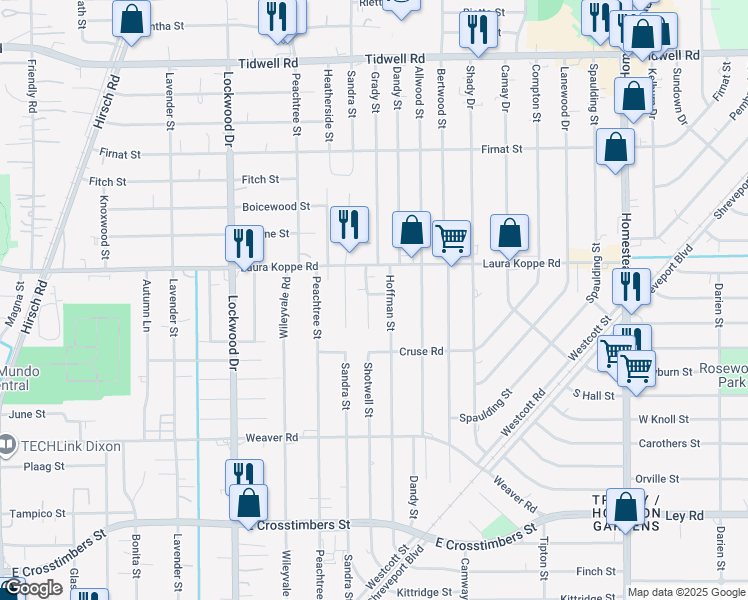 map of restaurants, bars, coffee shops, grocery stores, and more near 8630 Shotwell Street in Houston