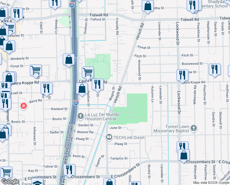 map of restaurants, bars, coffee shops, grocery stores, and more near 8718 Magna Street in Houston